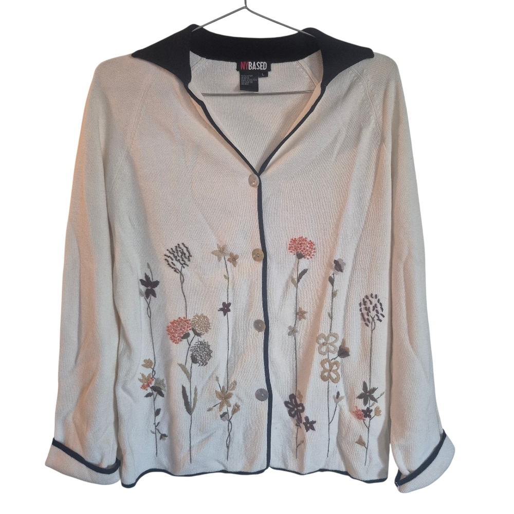Vintage Hand Embroidered Knit Cardigan Sweater Floral Size Large New Cream